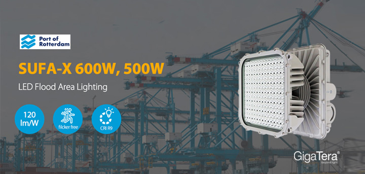 GigaTera Lighting's SUFA-X series LED flood area lighting supplied to the Port of Rotterdam in The Netherlands